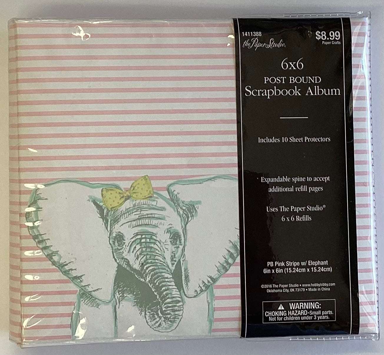 The Paper Studio PB PINK STRIPE ELEPHANT 6"X6" Post Bound Scrapbook Album