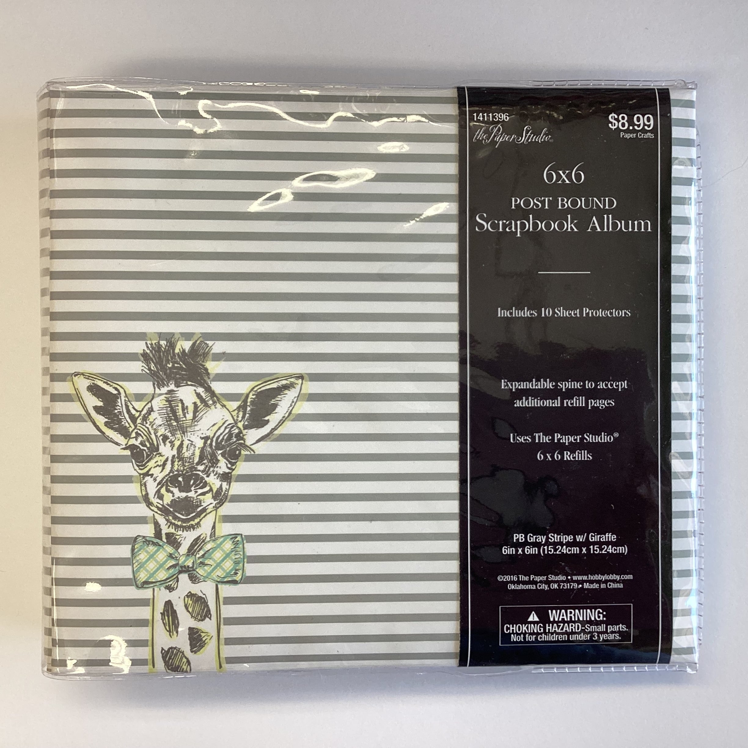 The Paper Studio PB GRAY STRIPE GIRAFFE 6"X6" Post Bound Scrapbook Album