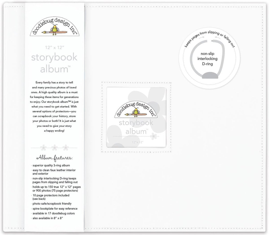 Doodlebug STORYBOOK ALBUM LILY WHITE 12”X12” D-Ring Scrapbook