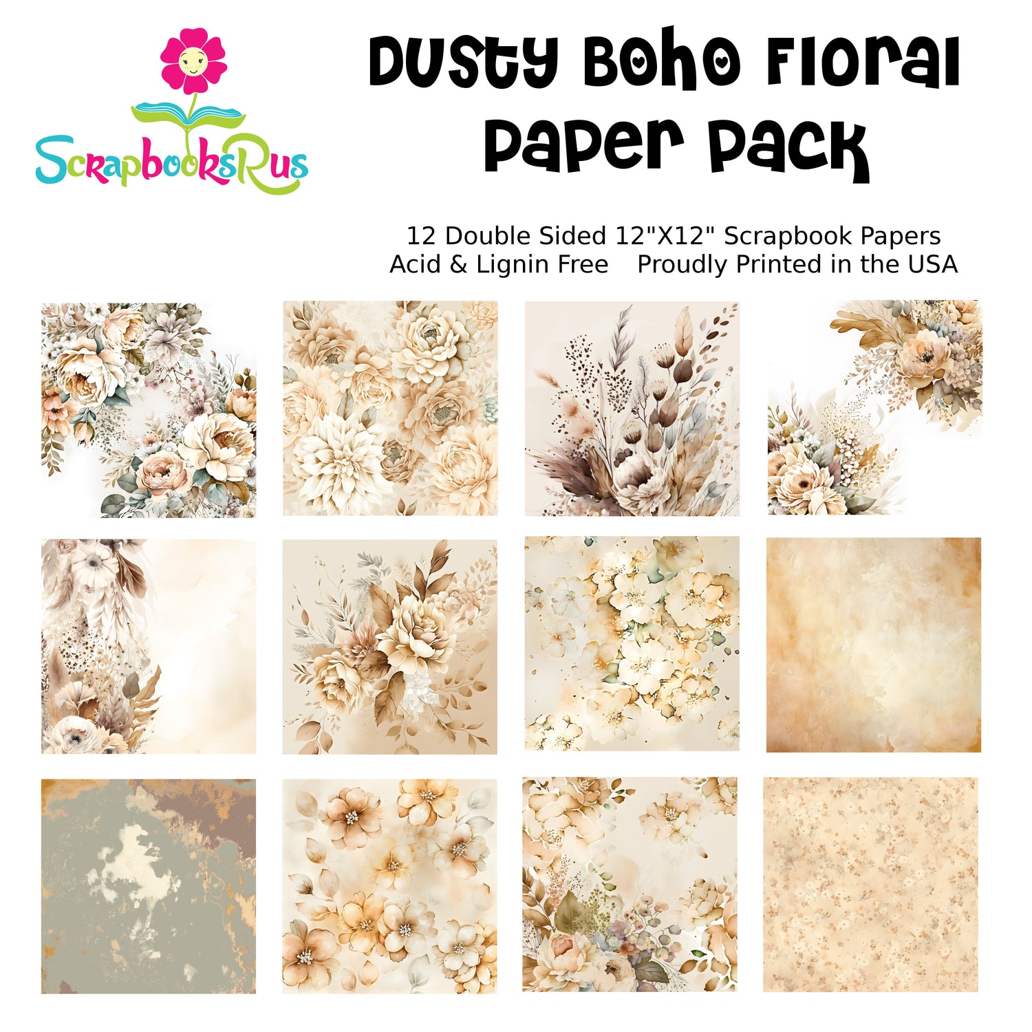 Scrapbooksrus DUSTY BOHO FLORAL PACK 12pc 12"X12" Scrapbook Paper