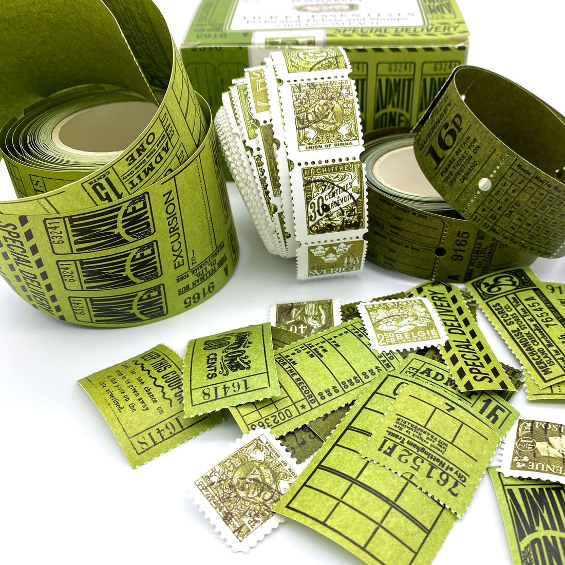 49 and Market Vintage Bits TICKET ESSENTIALS FERN Perforated Tickets &amp; Stamps 3 Rolls @Scrapbooksrus