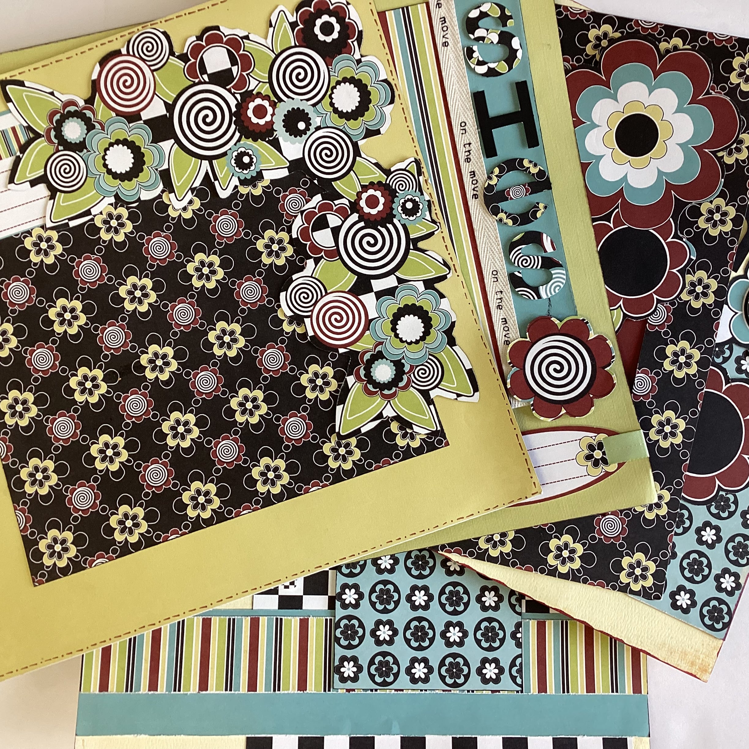 Premade SHES ON THE MOVE (5) 12”X12” Scrapbook Pages