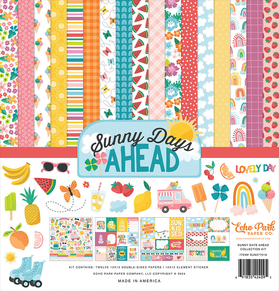 A collection kit for Echo Park 12x12 inch scrapbooking paper sheets with a variety of summer-themed designs, including fruits, sunglasses, and ice cream.