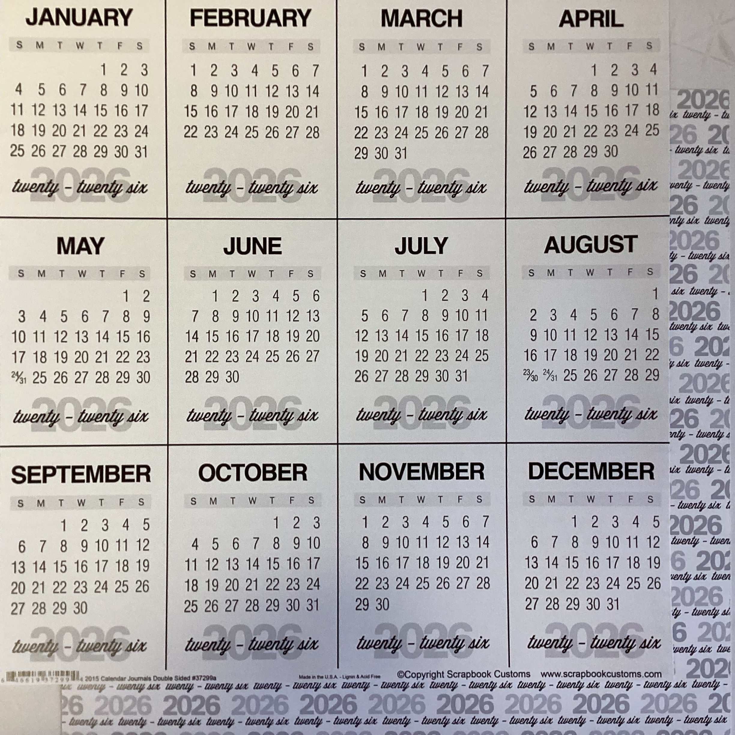 Scrapbook Customs 2026 CALENDAR JOURNALS 12”X12”Scrapbook Paper