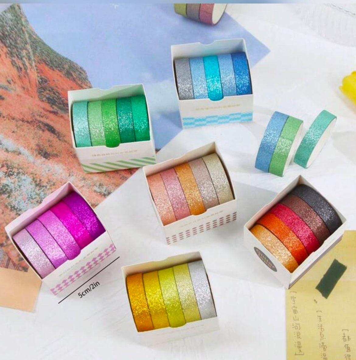 Assorted GLITTER WASHI TAPE Decorative 5pc