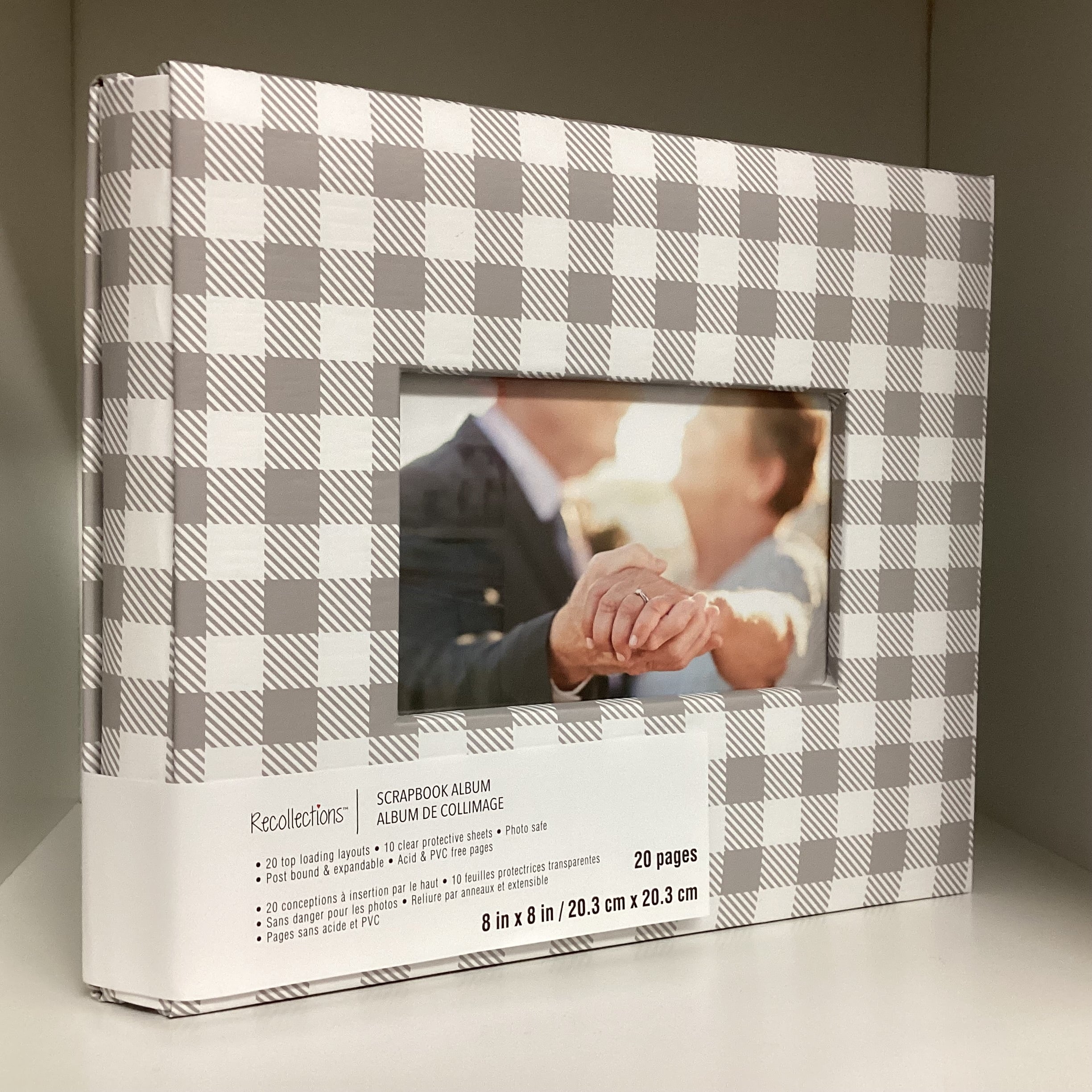 Postbound Album GRAY WHITE PLAID Frame 8"X8" Scrapbook Memory Book