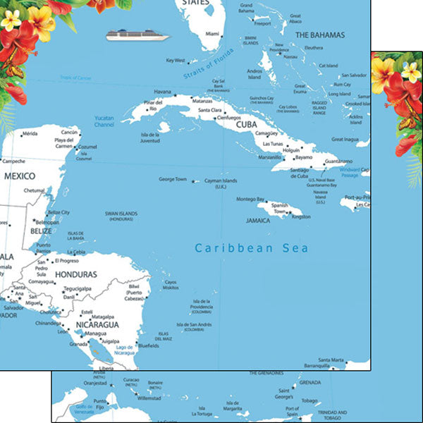 Scrapbook Customs CARIBBEAN MAP FLORAL 12X12 Scrapbook Paper