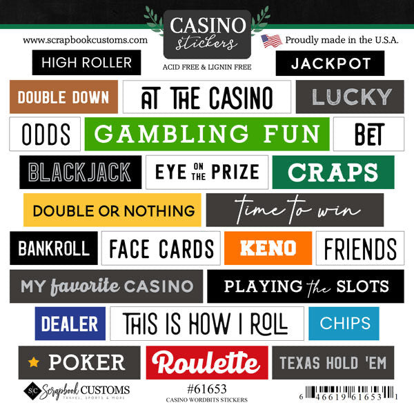 Scrapbook Customs 6X6 CASINO WORDBITS STICKER 25pc Scrapbooksrus