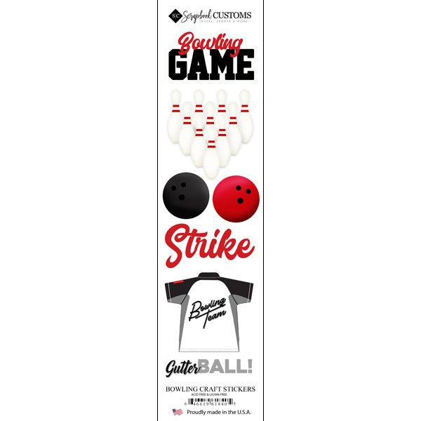 Bowling-themed craft stickers with graphics and text on a white background