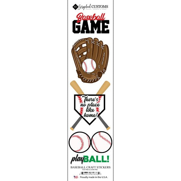 Baseball-themed craft stickers with a baseball glove, ball, bats, and text on a white background.