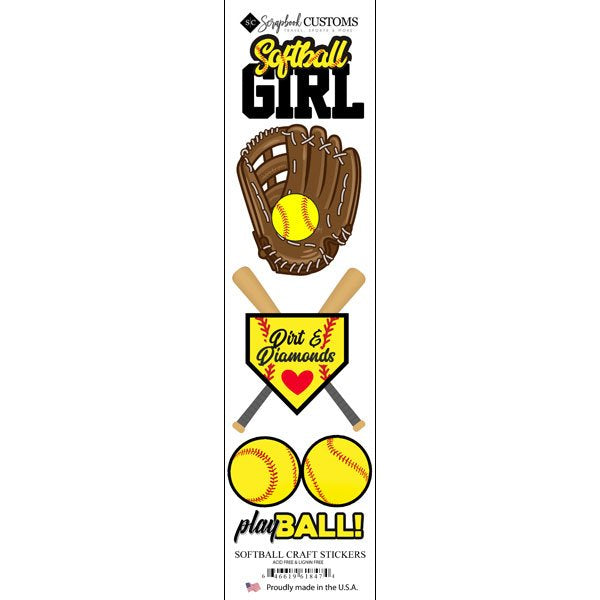 Set of softball-themed craft stickers with a glove, ball, and text on a white background.