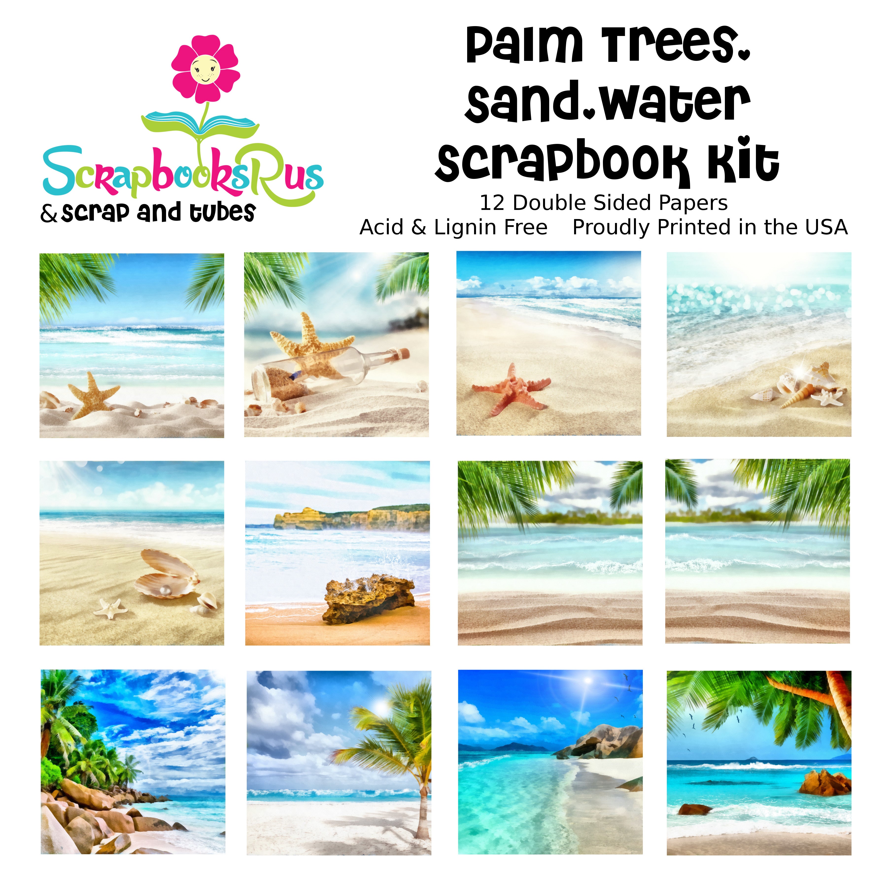 Scrapbooksrus PALM TREES SAND WATER SCRAPBOOK KIT 12pc 12"x12" Papers