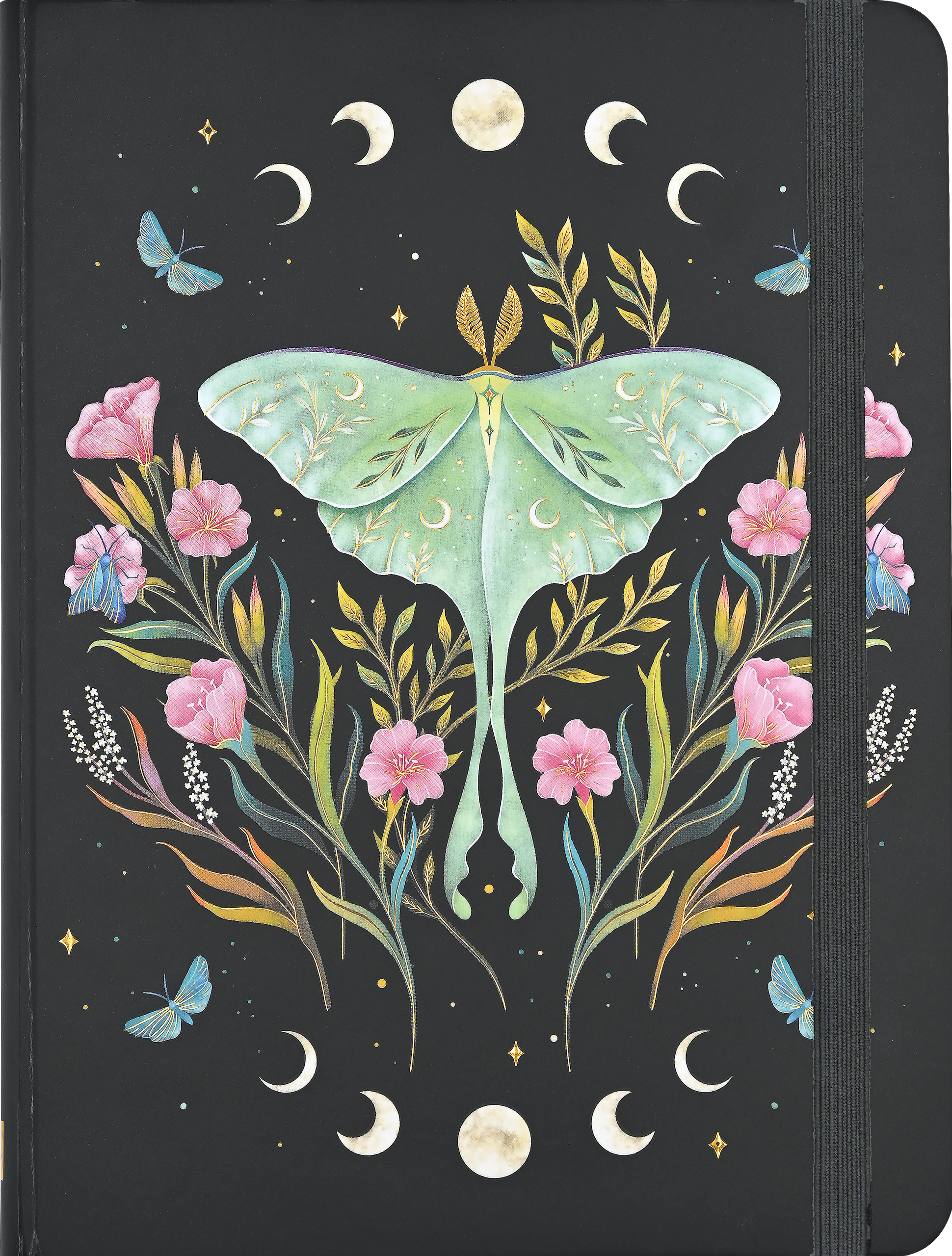 Notebook cover with a luna moth design on a dark background