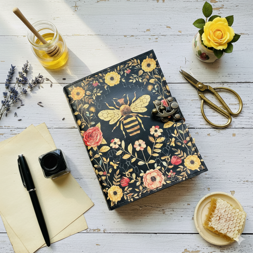 Soft Leather Journal Grimoire APIARY GODDESS BEE Blank A7 200pg