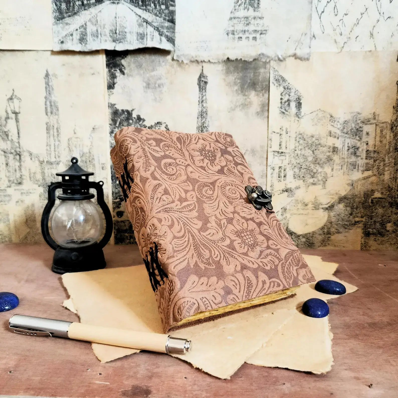 Soft Leather Journal PAISLEY FLORAL Handmade Brown Lock Diary A7