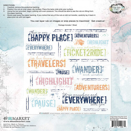 49 and Market Vintage Artistry Everywhere 12X12 SENTIMENTS RUB-ON Transfer SHEET