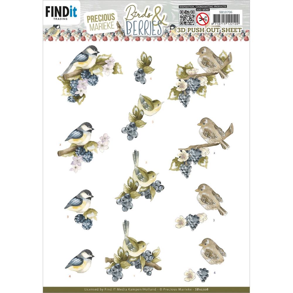Precious Marieke BIRDS &amp; BERRIES 3D Push Out Sheet 15pc