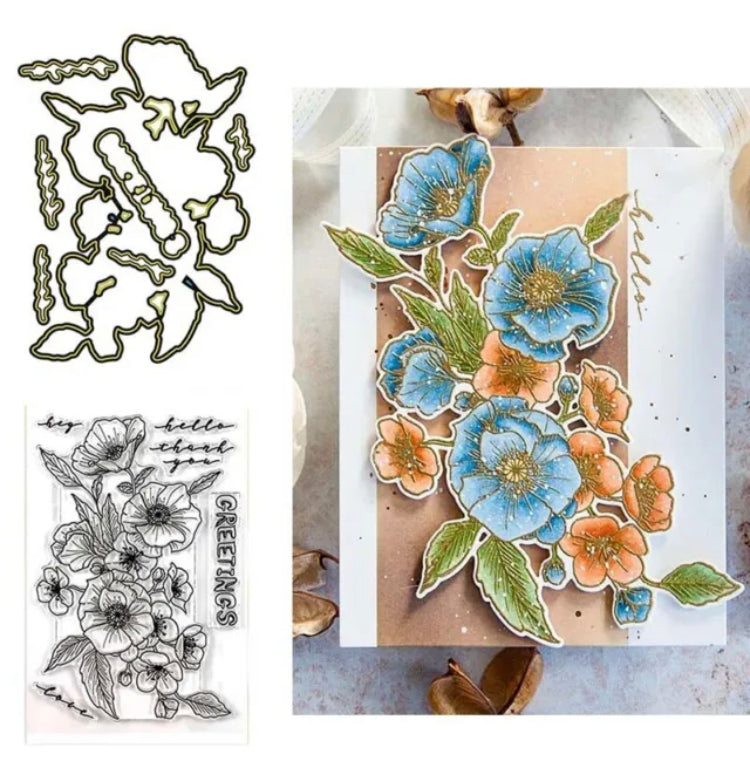 Poppy Flower Greetings Clear Stamp & Die Set 2pc