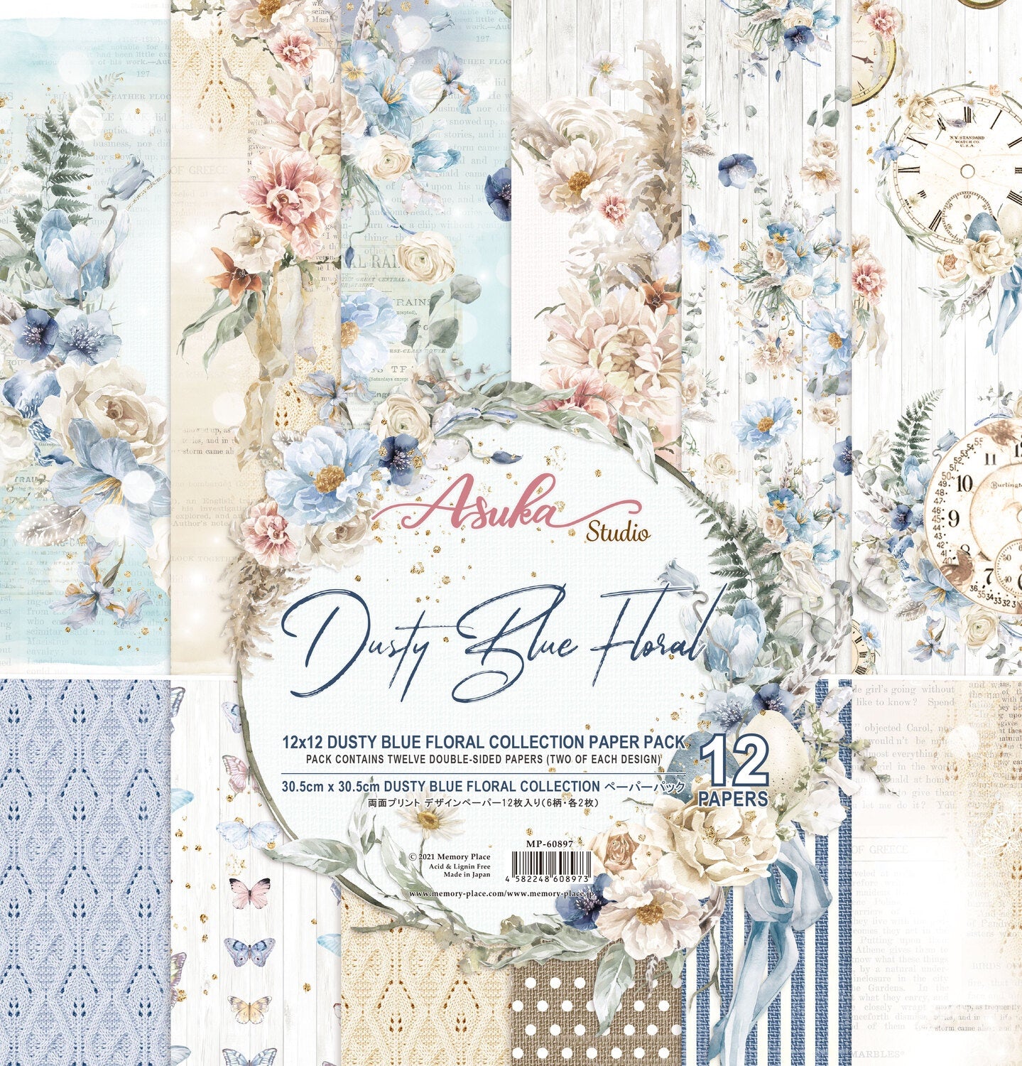 Asuka Studio DUSTY BLUE FLORAL 12”X12” Scrapbook Paper Pack Scrapbooksrus Store