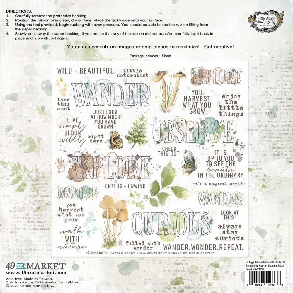 49 and Market Vintage Artistry 12X12 NATURE STUDY SENTIMENTS RUB-ON Transfer Sheet