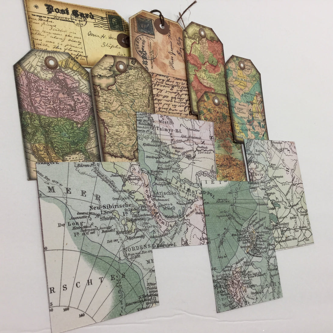 Tags & Ephemera 11pc VINTAGE TRAVEL MAP & POSTCARDS Scrapbooksrus