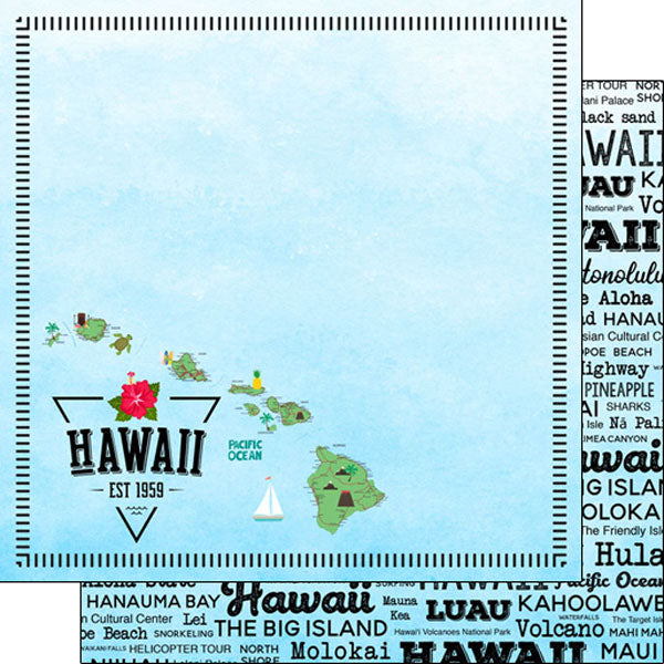 HAWAII  POSTAGE MAP - BLUE Double Sided 12"X12" Scrapbook Travel Paper Scrapbooksrus