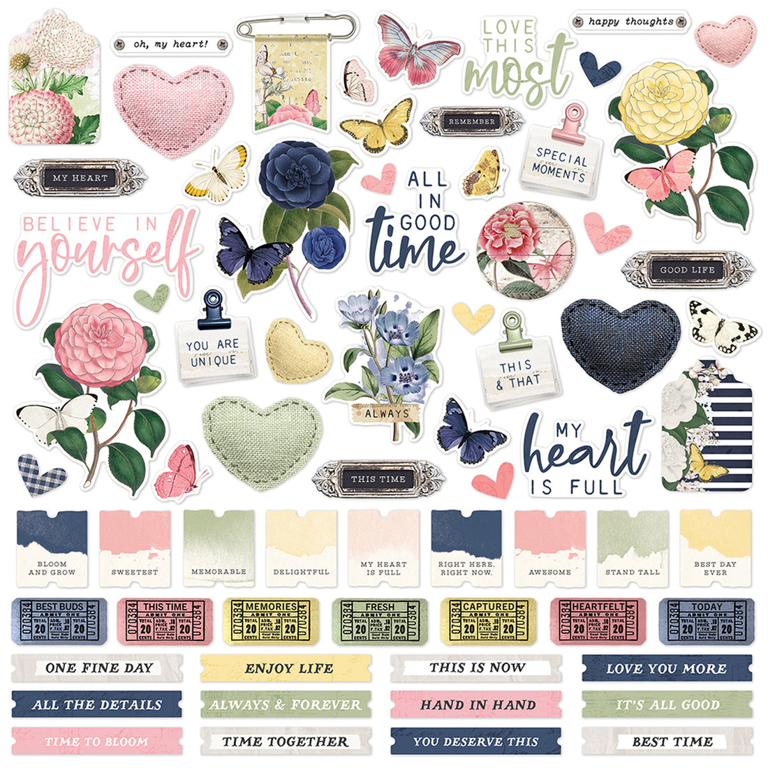 Simple Stories Simple Vintage INDIGO GARDEN Chipboard Stickers 30pc Scrapbooksrus