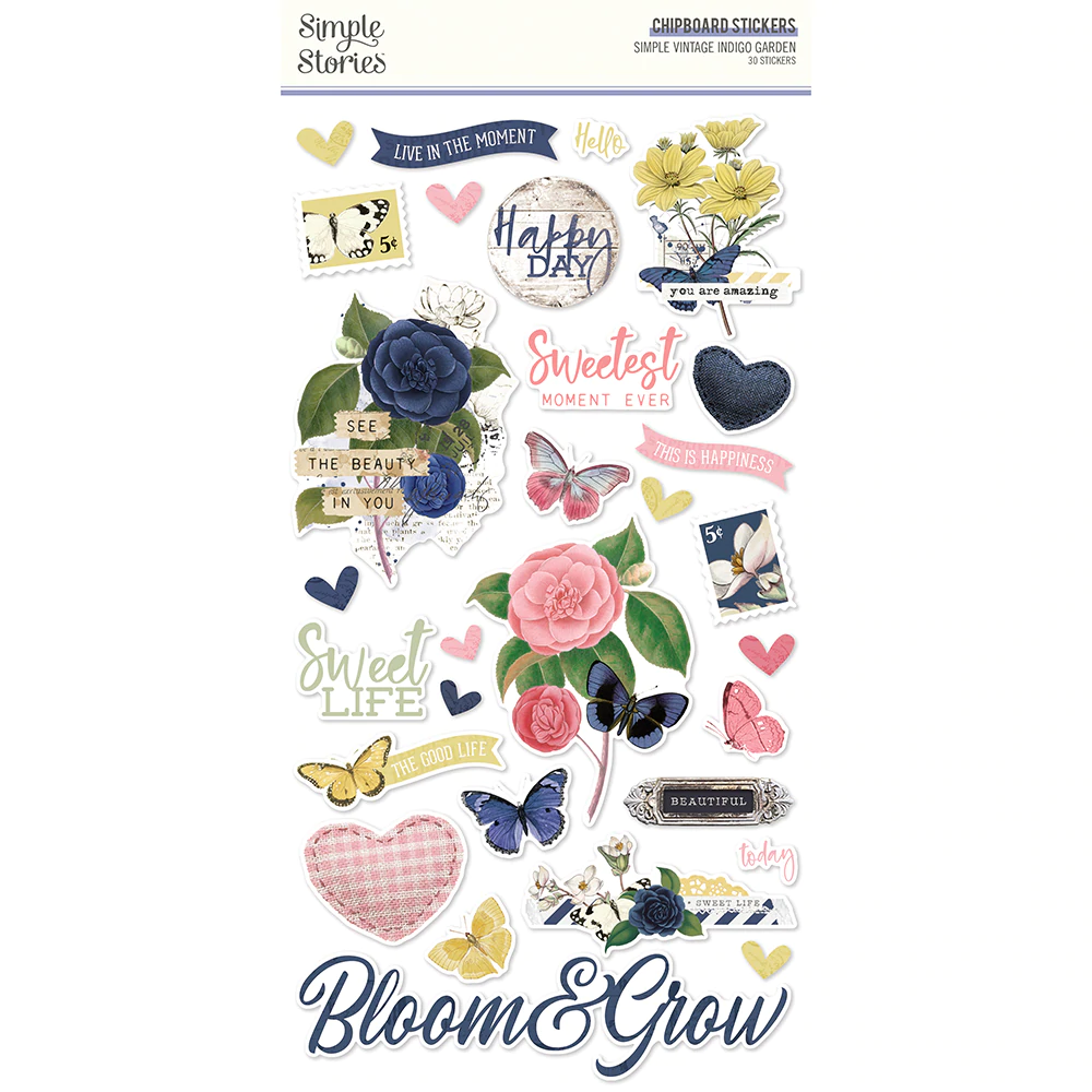 Simple Stories Simple Vintage INDIGO GARDEN Chipboard Stickers 30pc Scrapbooksrus