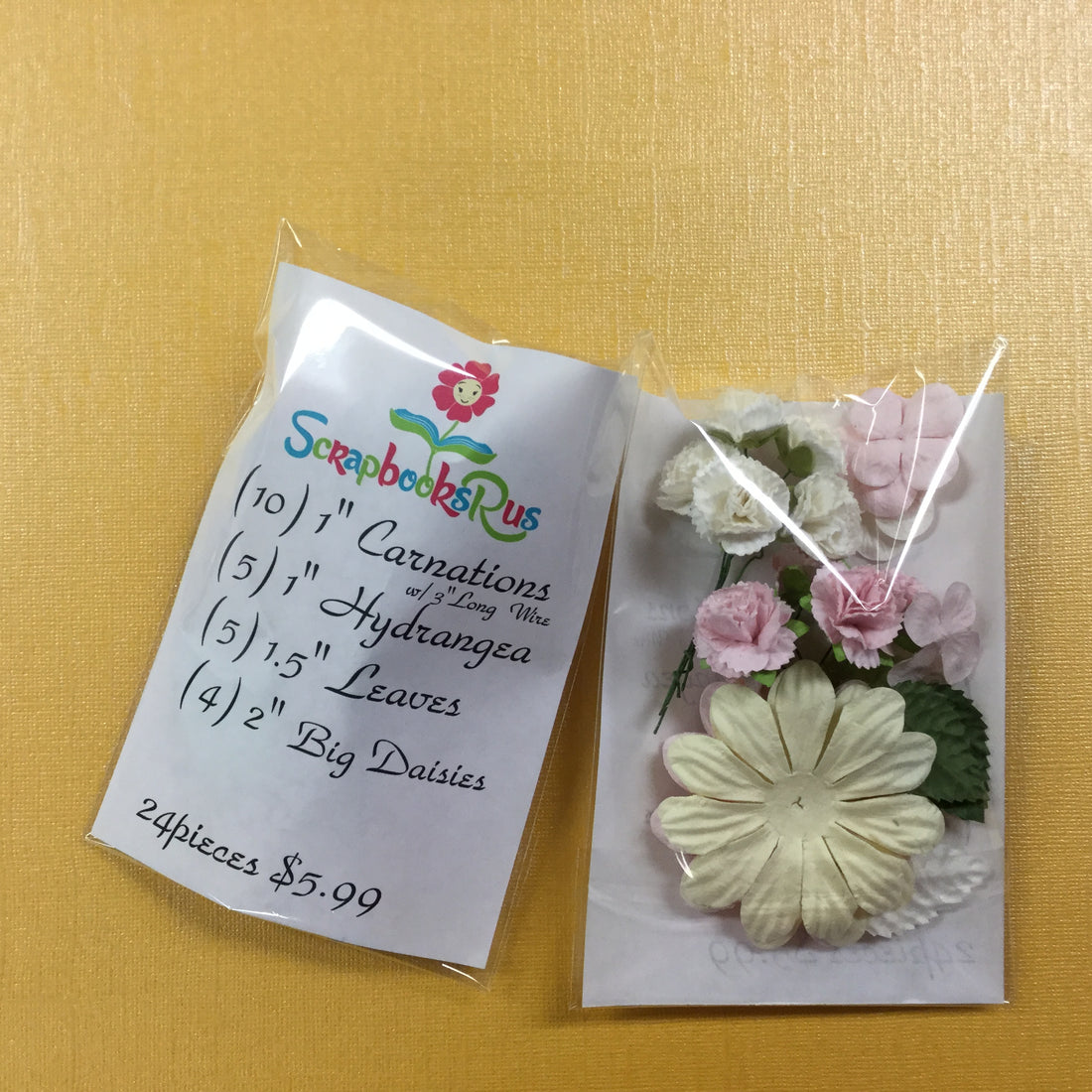 Carnations Hydrangeas Leaves & Big Daisies 24pc Pink & Cream Scrapbooksrus