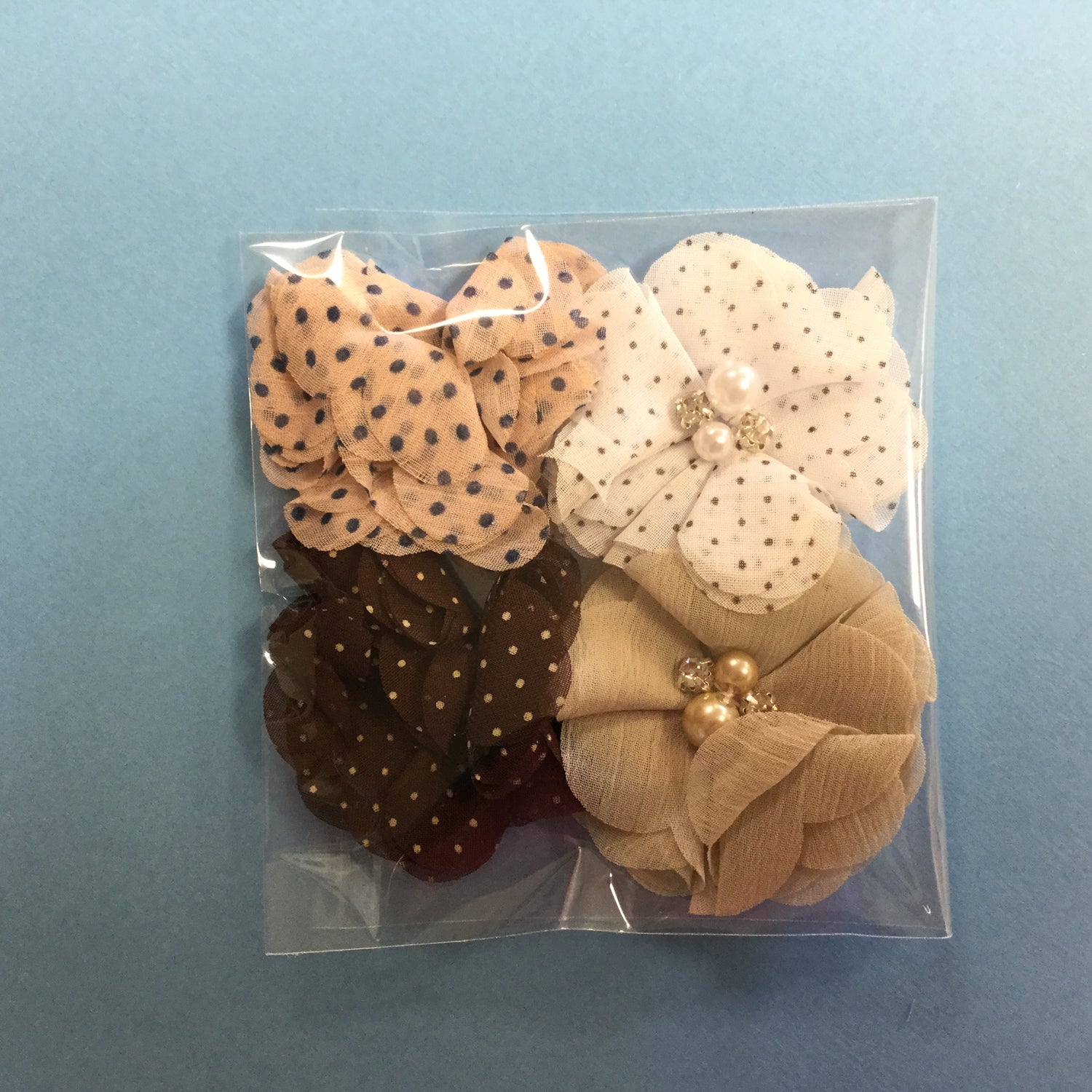 Chiffon Fabric Flowers POLKA DOT with Pearl & Rhinestone Centers 4pc Scrapbooksrus