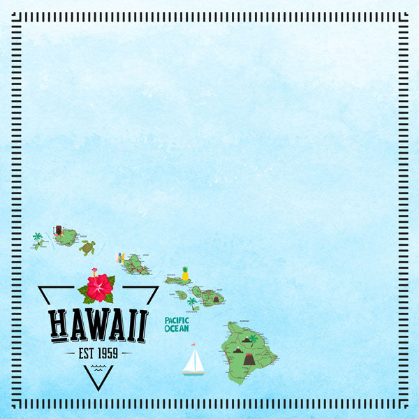 HAWAII  POSTAGE MAP - BLUE Double Sided 12"X12" Scrapbook Travel PaperScrapbooksrus