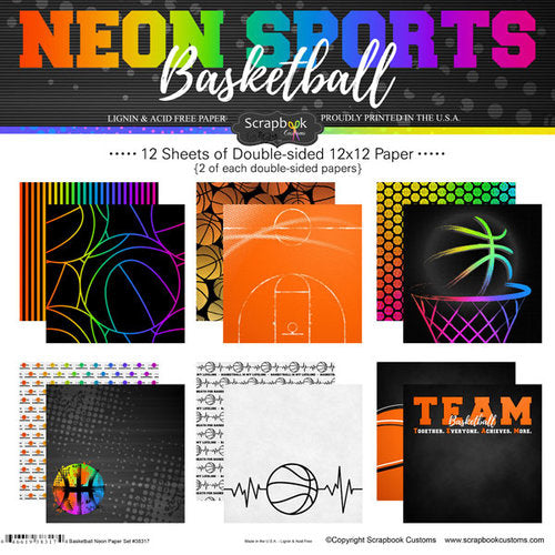 Neon Sports BASKETBALL KIT 12"X12" Scrapbook Paper 12 Sheets