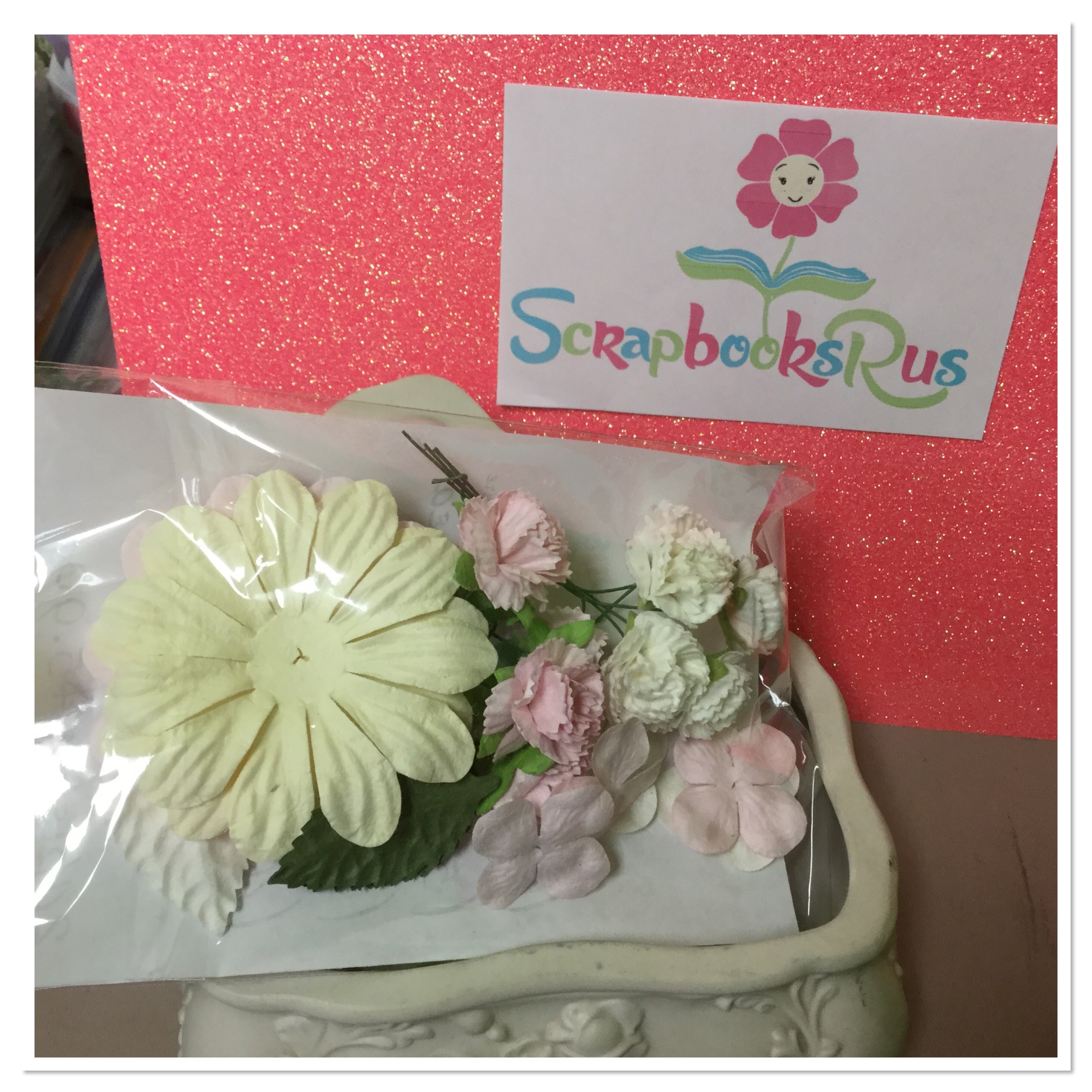 Carnations Hydrangeas Leaves & Big Daisies 24pc Pink & Cream Scrapbooksrus