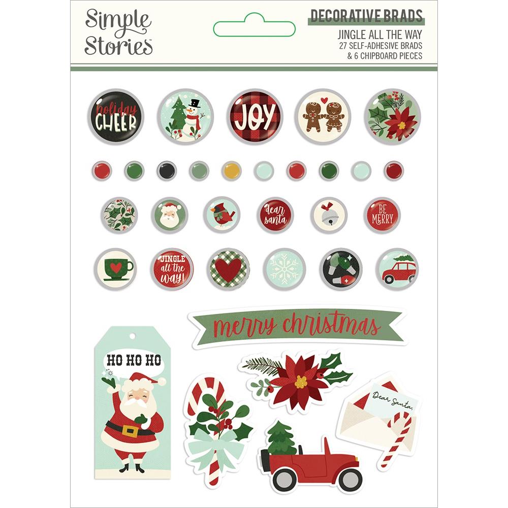 Simple Stories JINGLE ALL THE WAY Decorative Brads &amp; Chipboard Pieces 33pc Scrapbooksrus 