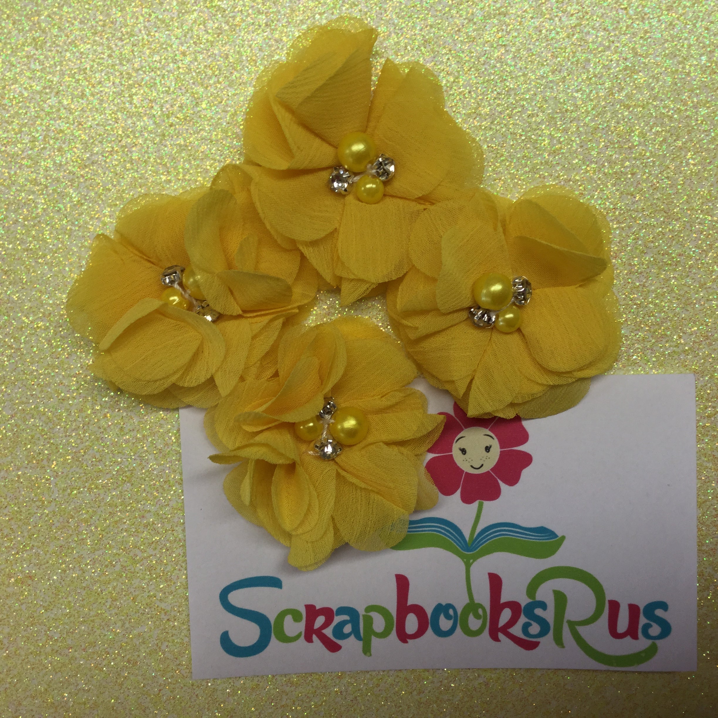 Chiffon Fabric Flowers YELLOW with Pearl & Rhinestone Centers 4pc Scrapbooksrus