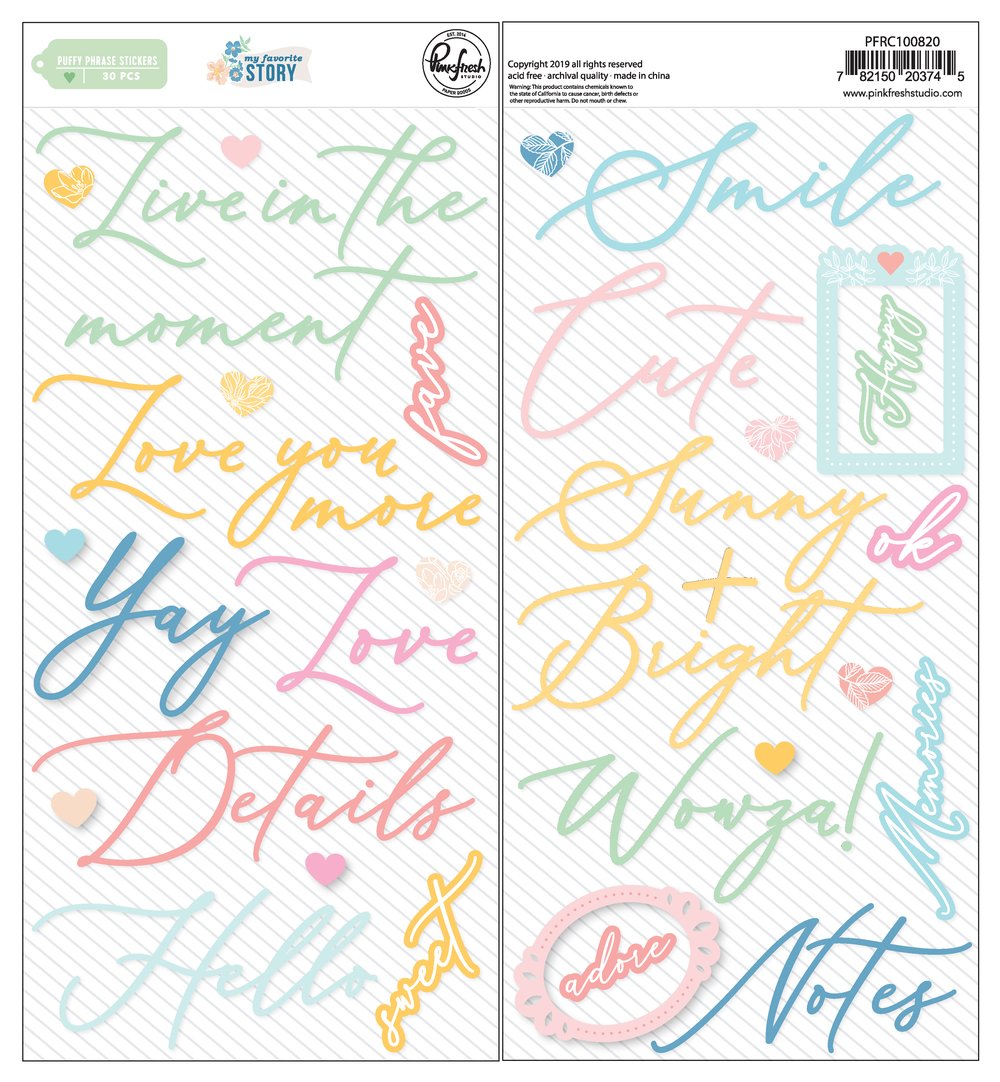 Pinkfresh Studio My Favorite Story PUFFY PHRASE STICKERS 30pc. Scrapbooksrus