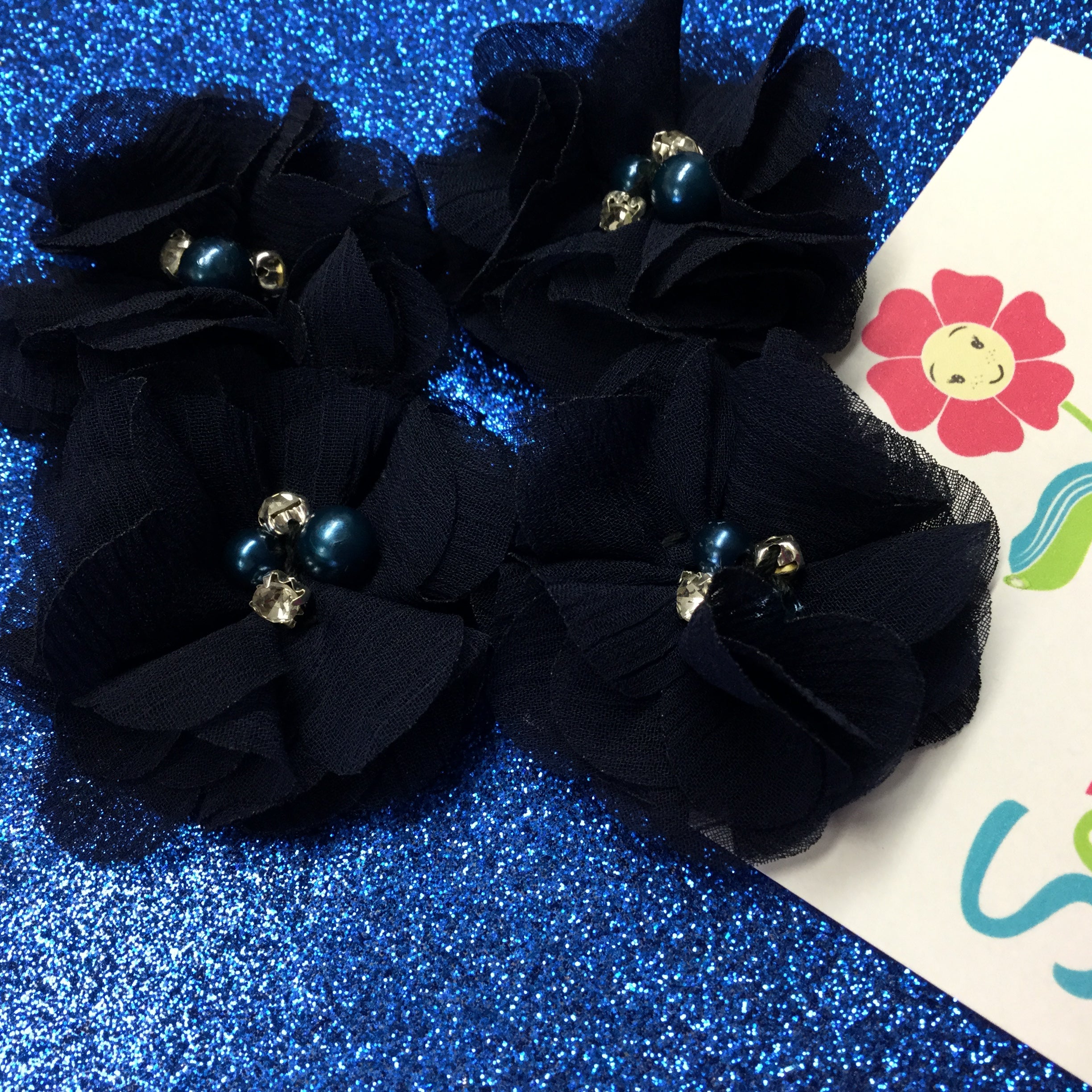 Chiffon Fabric Flowers NAVY BLUE with Pearl & Rhinestone Centers 4pc Scrapbooksrus