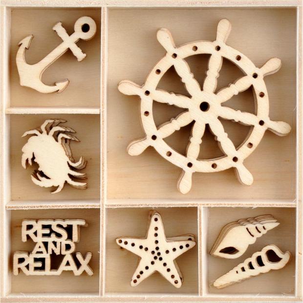 Kaisercraft UNCHARTED WATERS Wooden Flourish Pack 35pc Scrapbooksrus