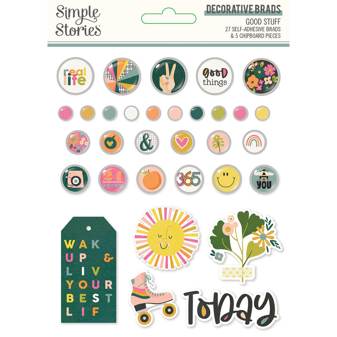 Simple Stories GOOD STUFF Decorative Brads & Chipboard Pieces 27pc Scrapbooksrus
