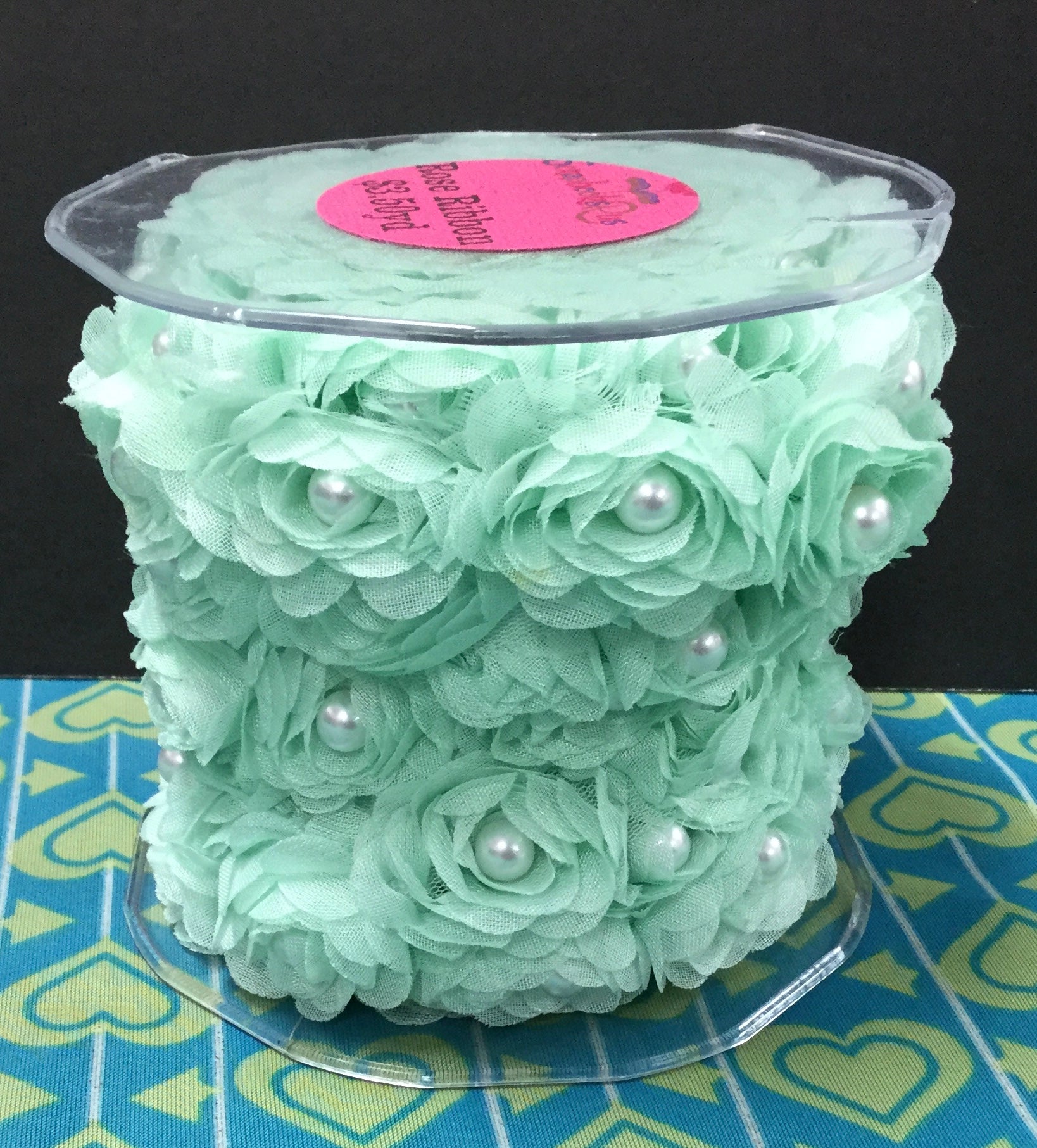 Scrapbooksrus Pearl Ribbon Roses MINT GREEN 1 yard Trim Scrapbooksrus