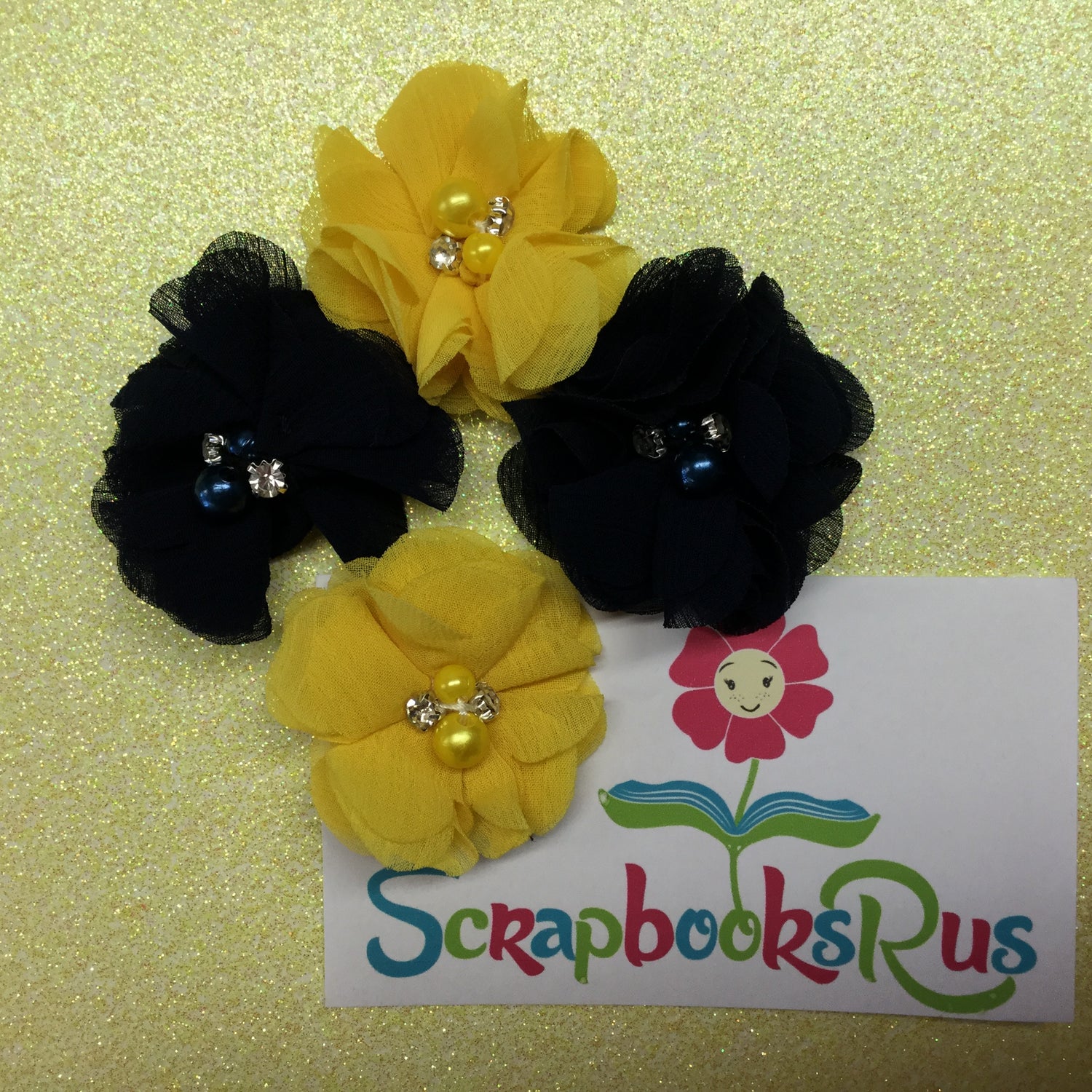 Chiffon Fabric Flowers MIXED with Pearl & Rhinestone Centers 4pc Scrapbooksrus