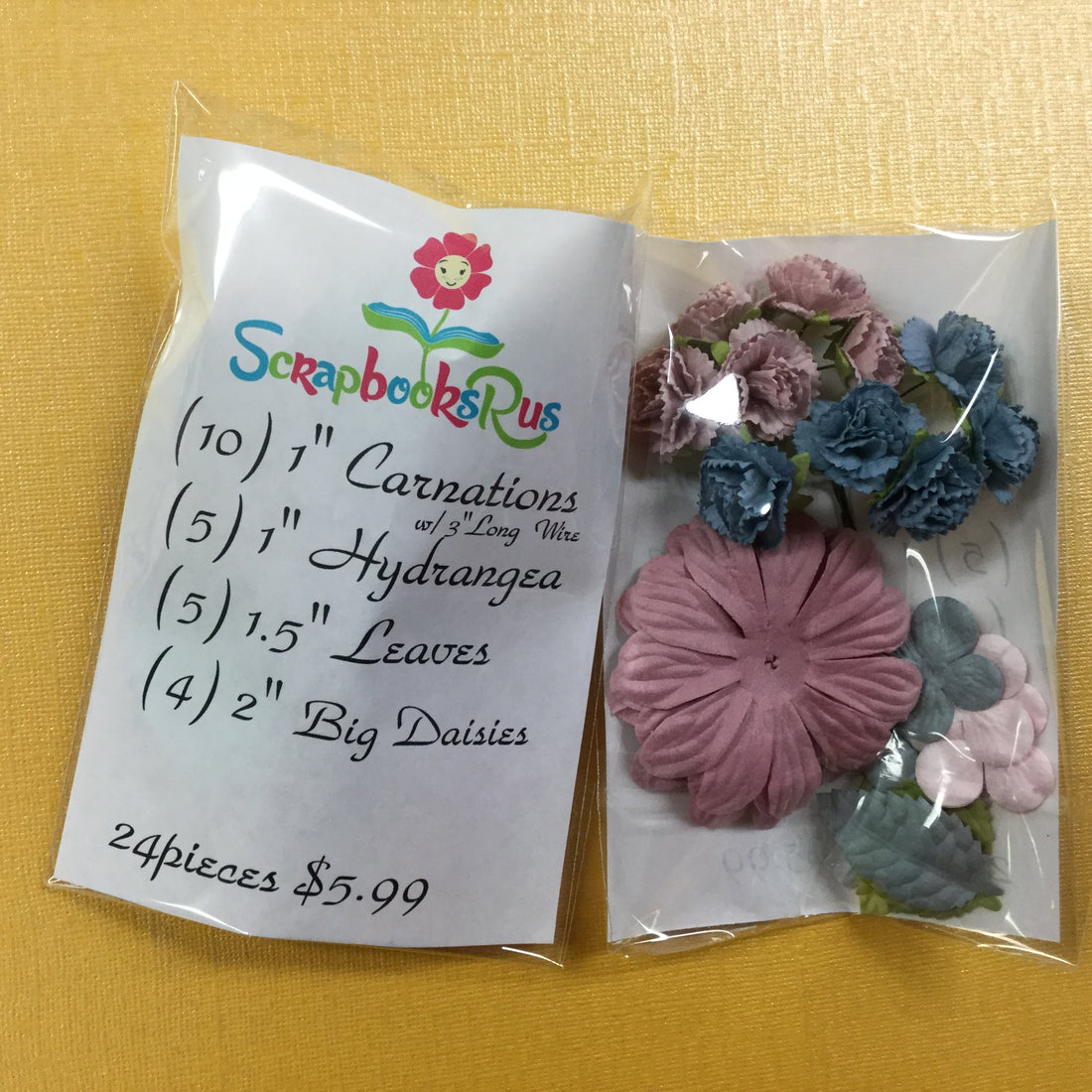 Carnations Hydrangeas Leaves & Big Daisies 24pc Mauve & Blue Scrapbooksrus