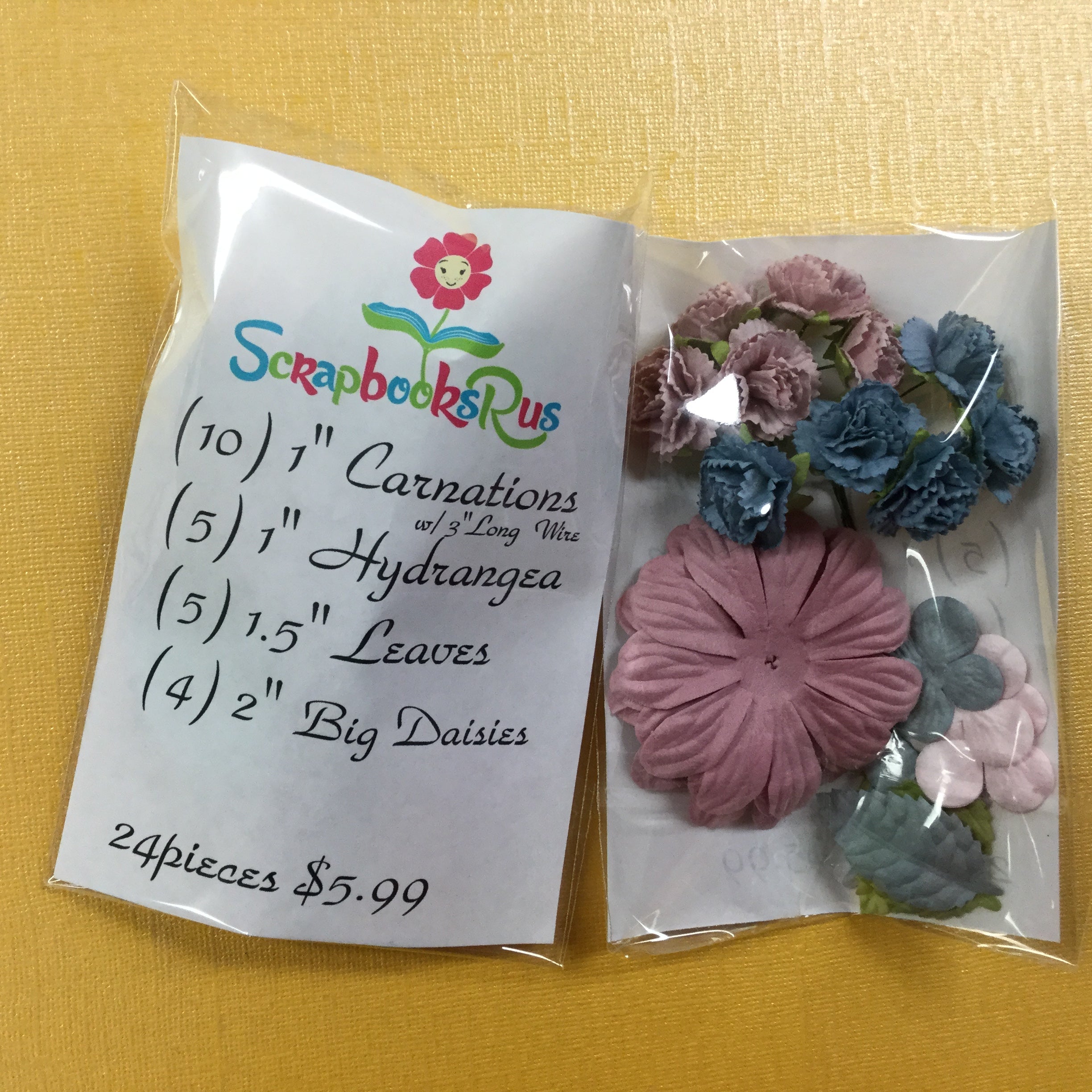 Carnations Hydrangeas Leaves & Big Daisies 24pc Mauve & Blue Scrapbooksrus