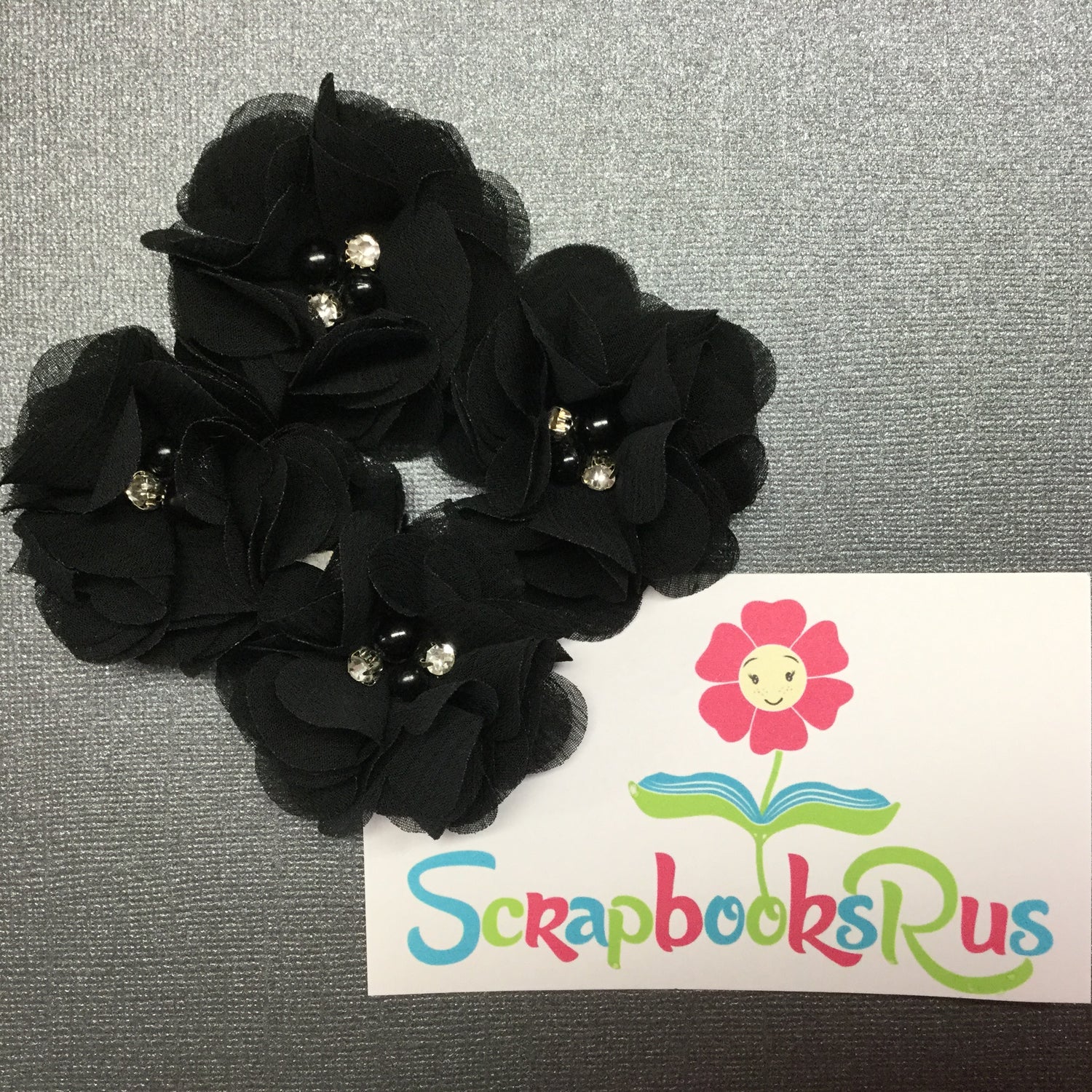 Chiffon Fabric Flowers BLACK with Pearl & Rhinestone Centers 4pc Scrapbooksrus