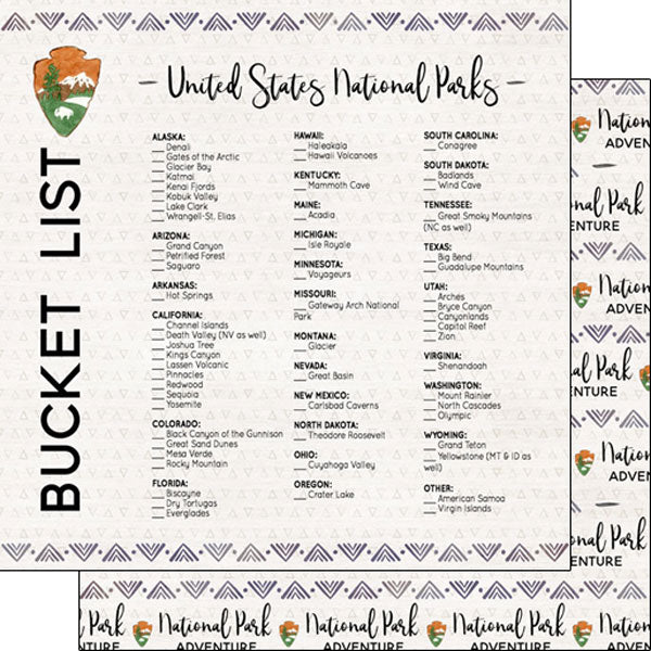 NATIONAL PARKS BUCKET LIST Double Sided 12"X12" Scrapbook Paper Scrapbooksrus