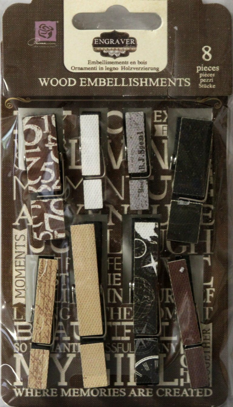 Prima ENGRAVER COLLECTIONS Wood Embellishments 8 pc Scrapbooksrus