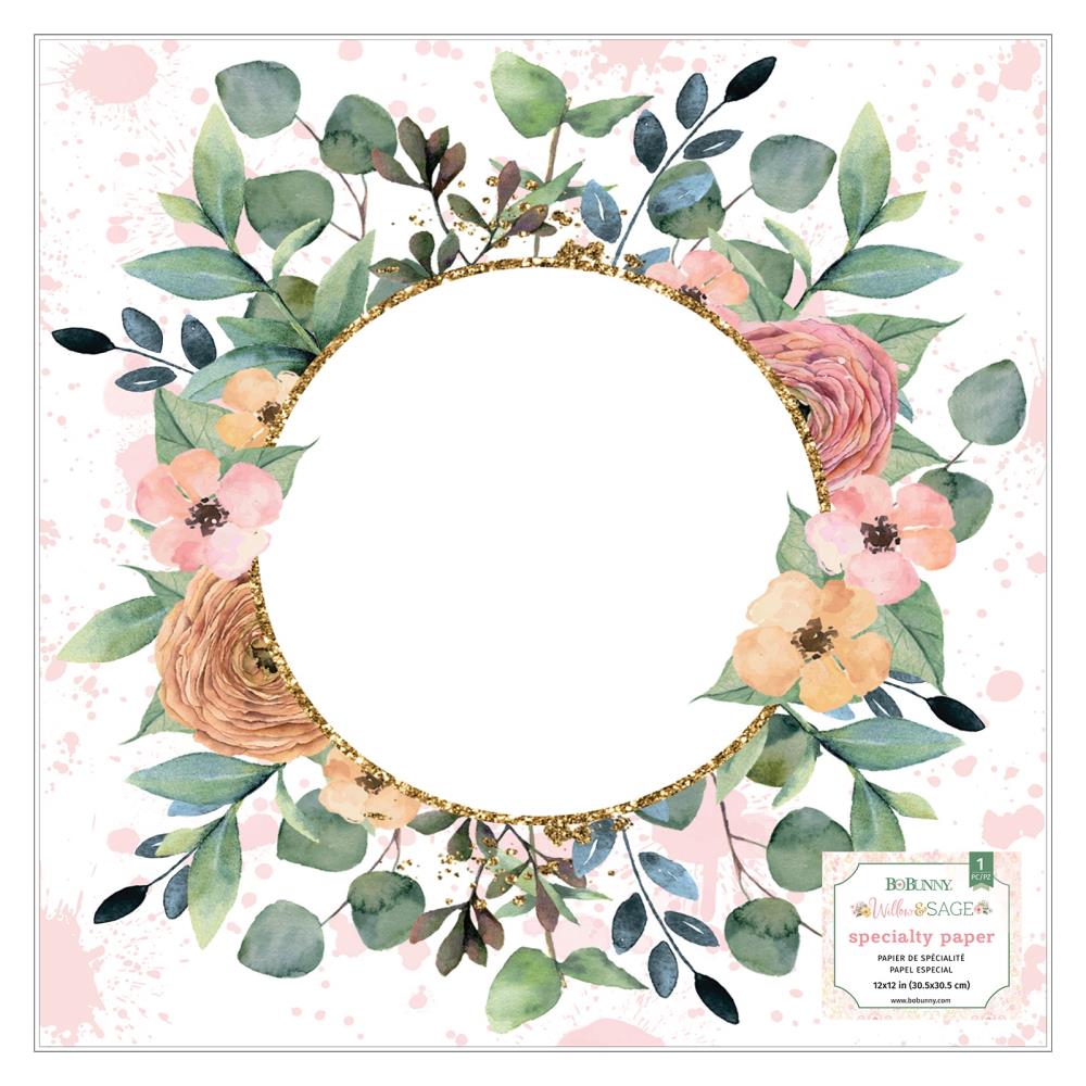 A sheet of Bo Bunny brand specialty acetate scrapbook paper featuring a floral design with pink, green, and gold colors on a white background.