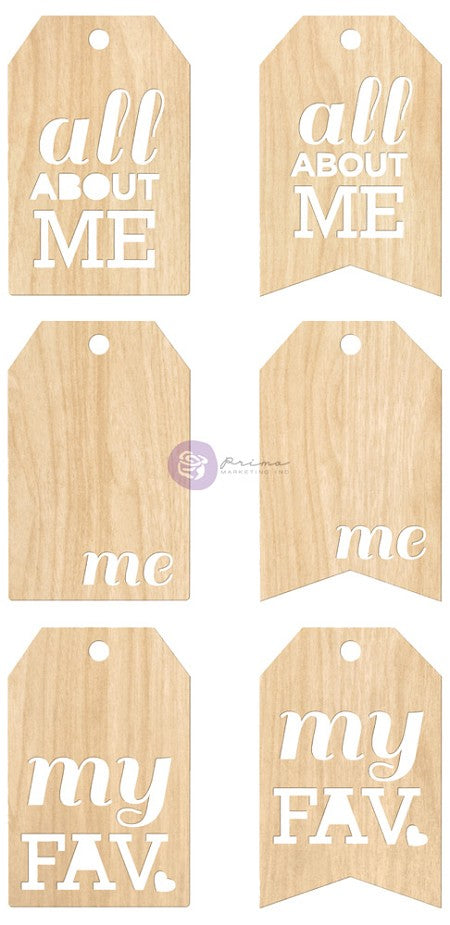 Prima All About Me TAG ME Wood Embellishments 6pc Scrapbooksrus