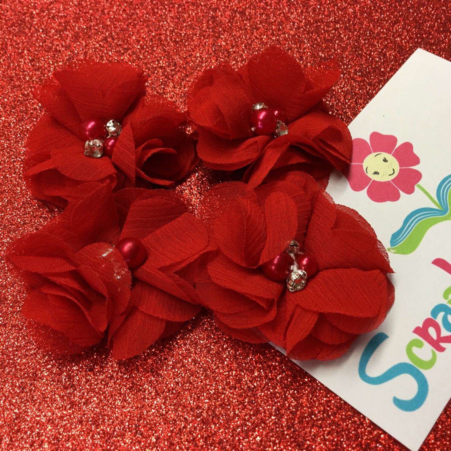 Chiffon Fabric Flowers RED with Pearl & Rhinestone Centers 4pc Scrapbooksrus