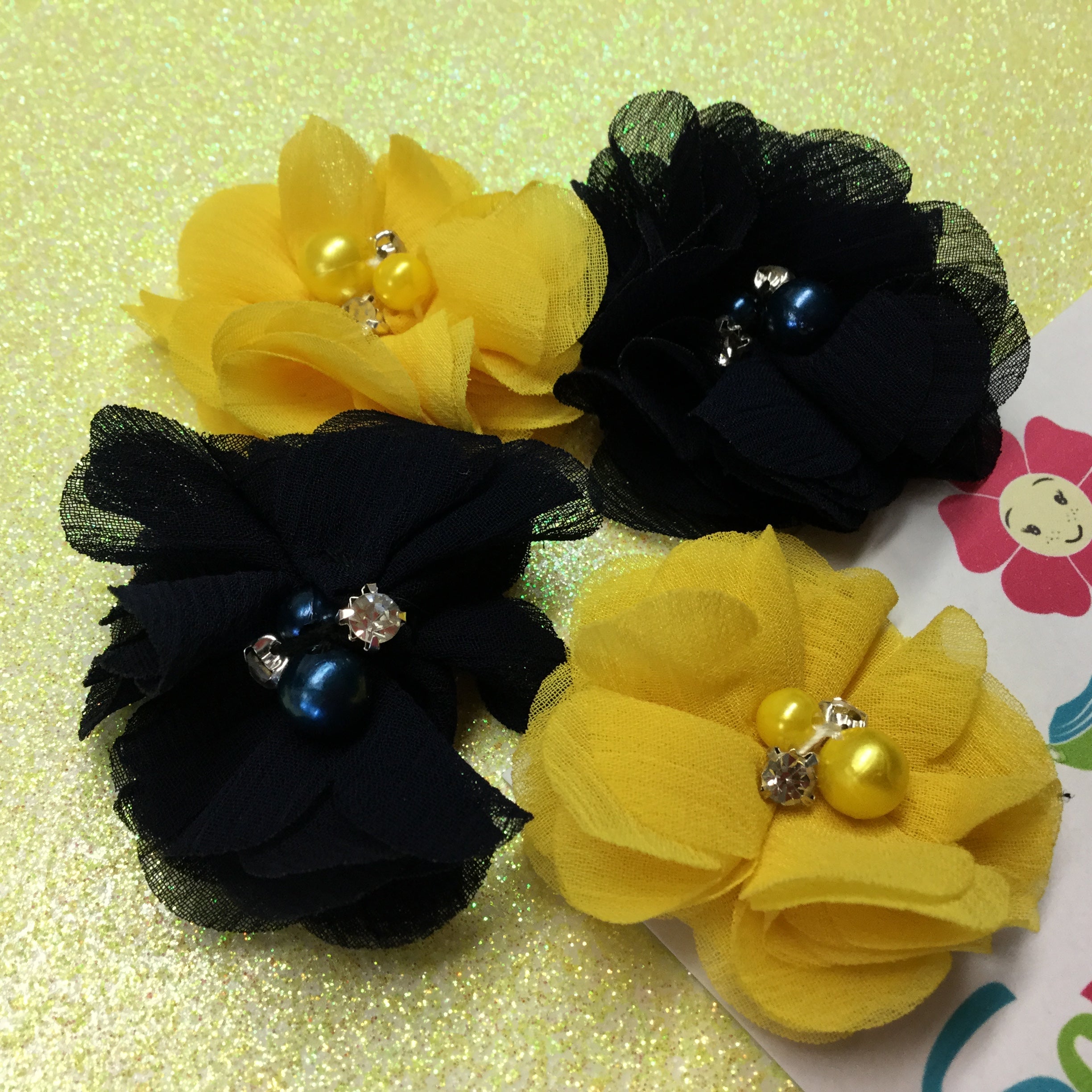 Chiffon Fabric Flowers MIXED with Pearl & Rhinestone Centers 4pc Scrapbooksrus